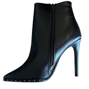 4 inch high heel, black pleather booties.